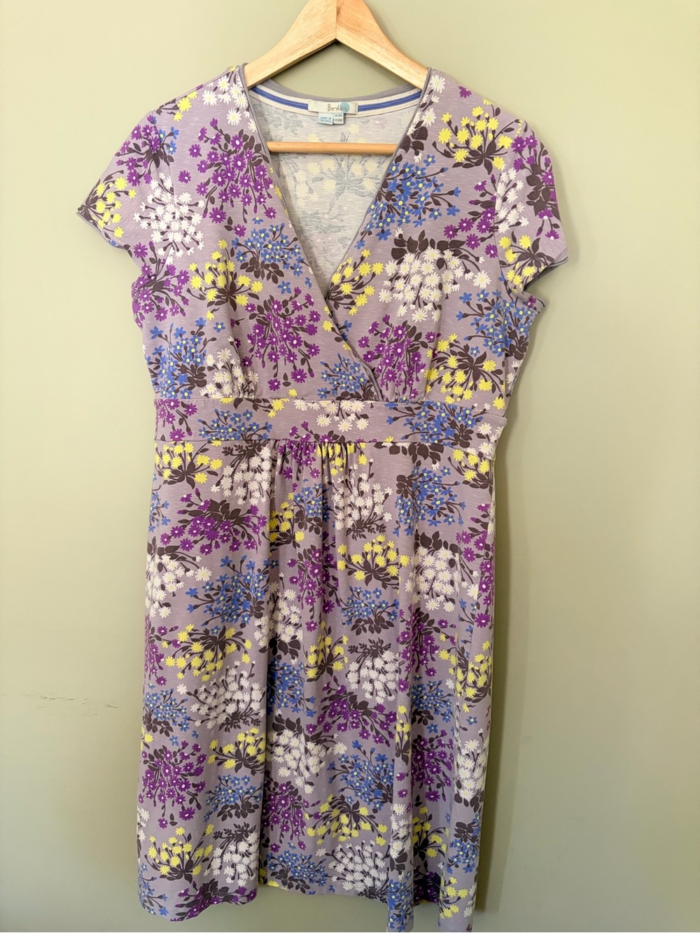 Boden Lavender Floral Faux-Wrap Midi Dress - Purple, Yellow, Blue, White